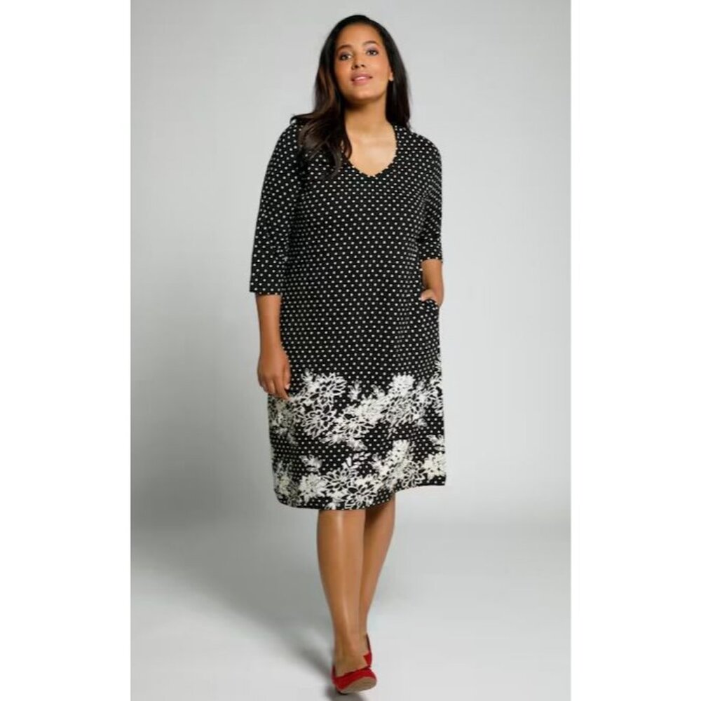 Ulla Popken Womens Plus 20/22 Polka Dot Black White V Neck Stretch Dress Pockets